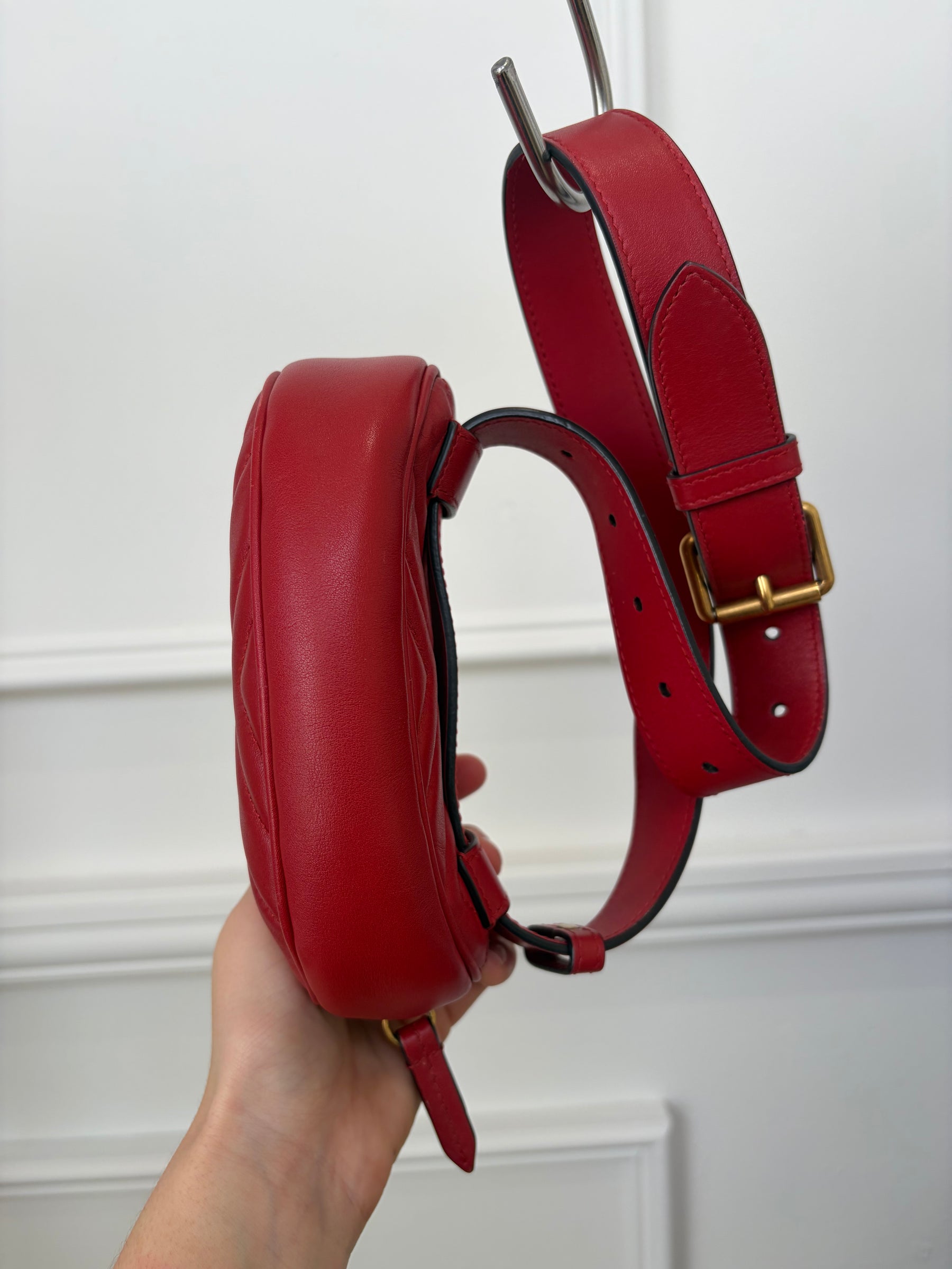 Gucci GG Marmont Mini Red Matelassé Leather Belt Bag
