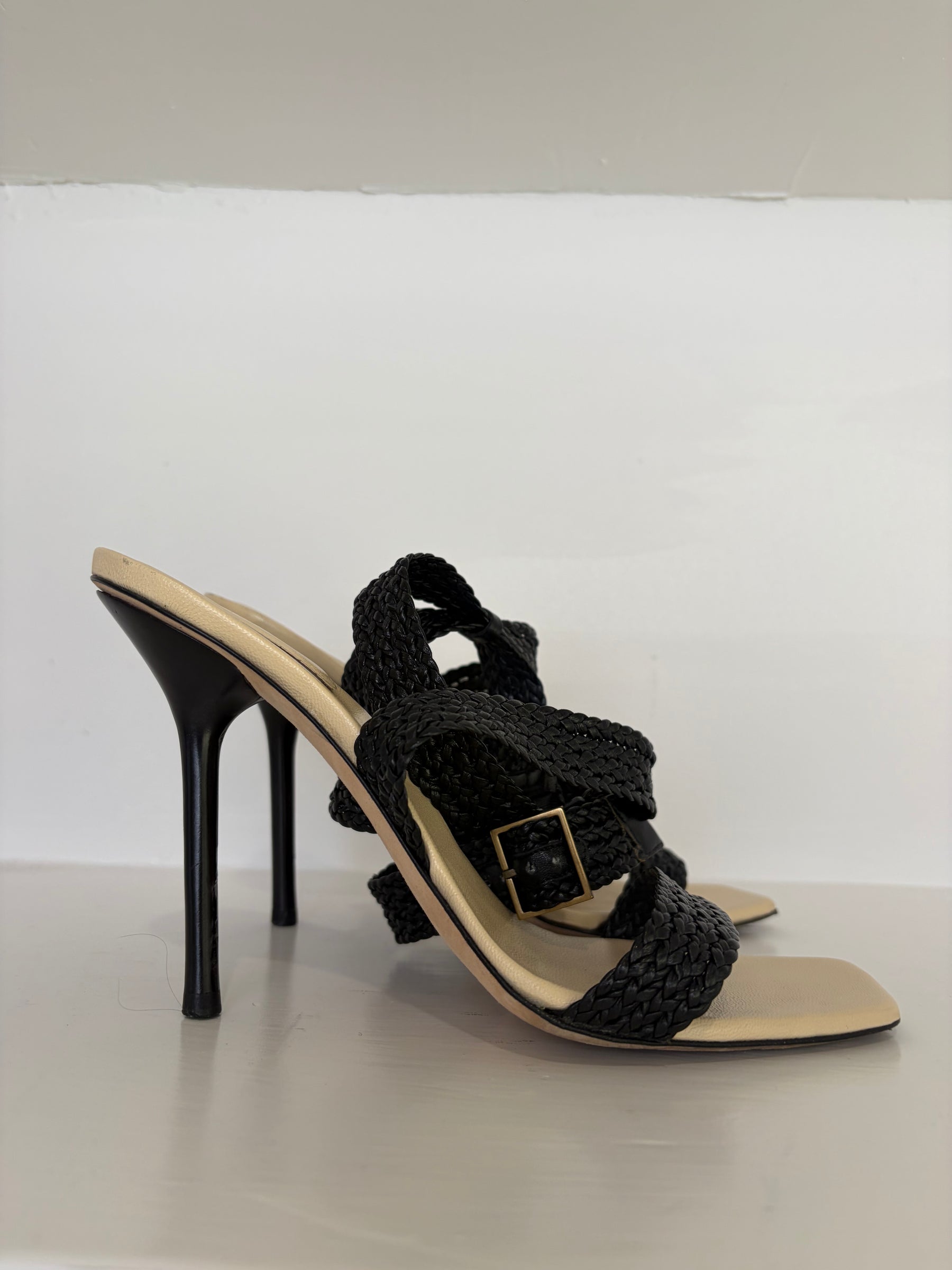 Gucci Black Braided Leather Ankle Strap Heels, 7.5 B