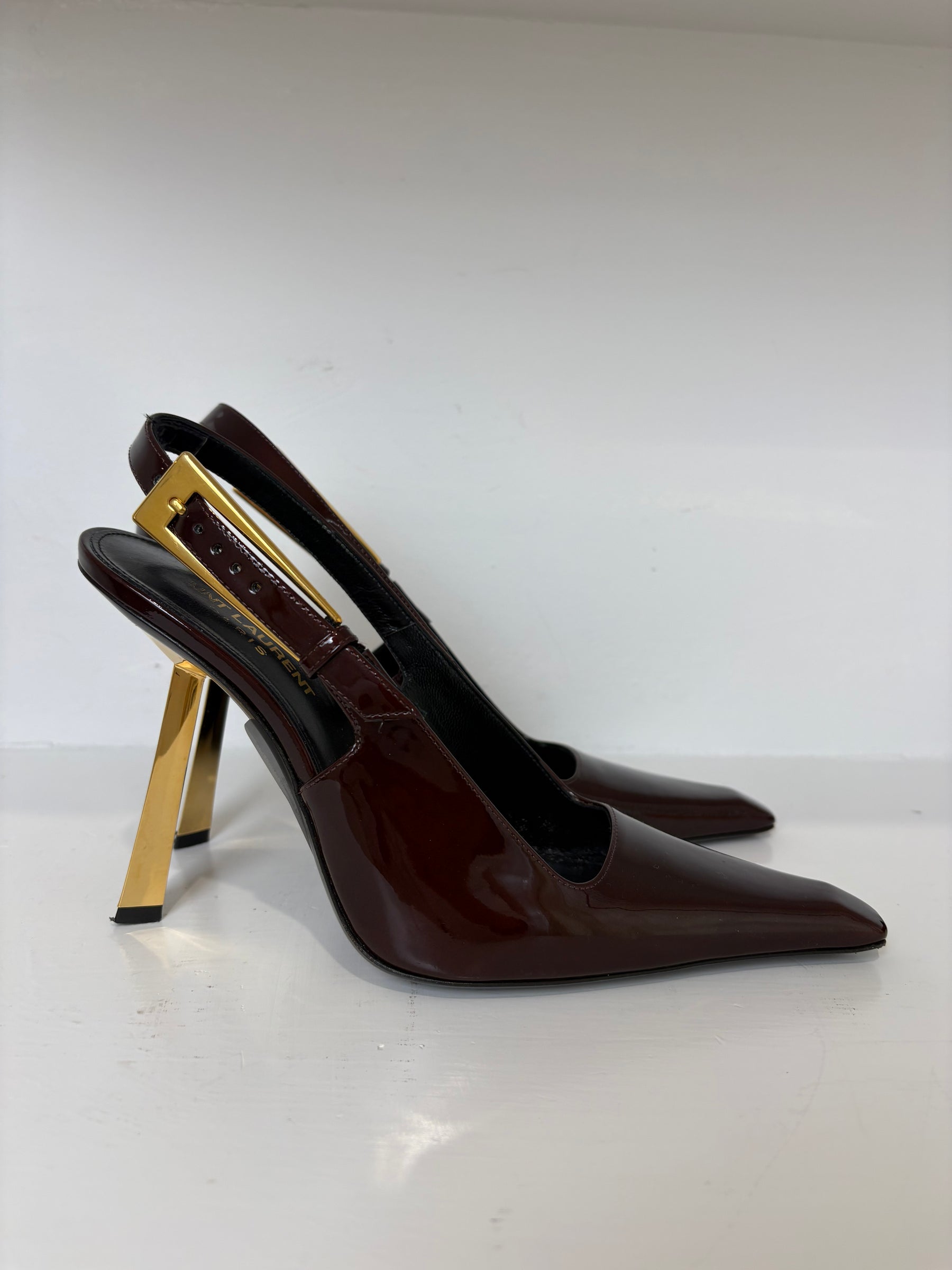 Saint Laurent Burgundy Patent Leather Pointed Slingback Pump, 38