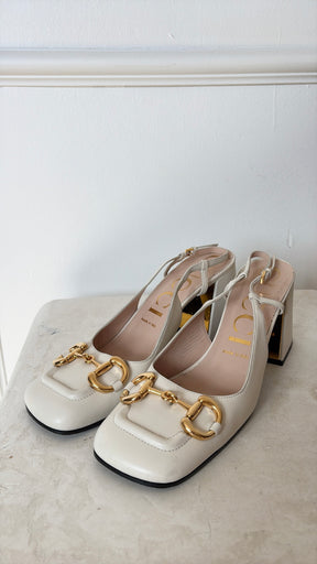 Gucci White Horsebit Slingback Block Heel Pumps, 39