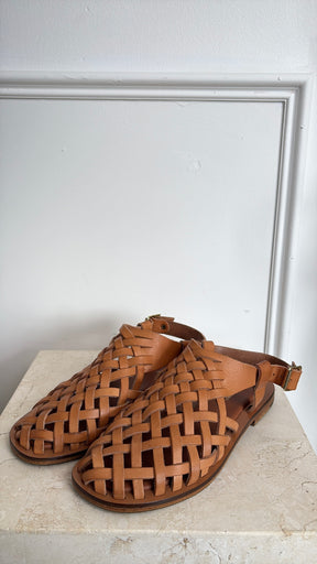 Mansur Gavriel Tan Woven Leather Sandals, 36