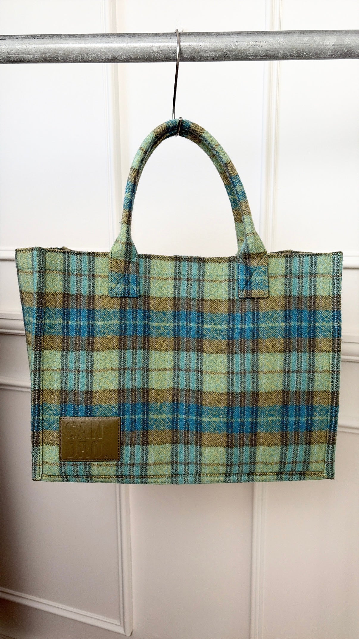 Sandro Blue and Green Plaid Tote Bag