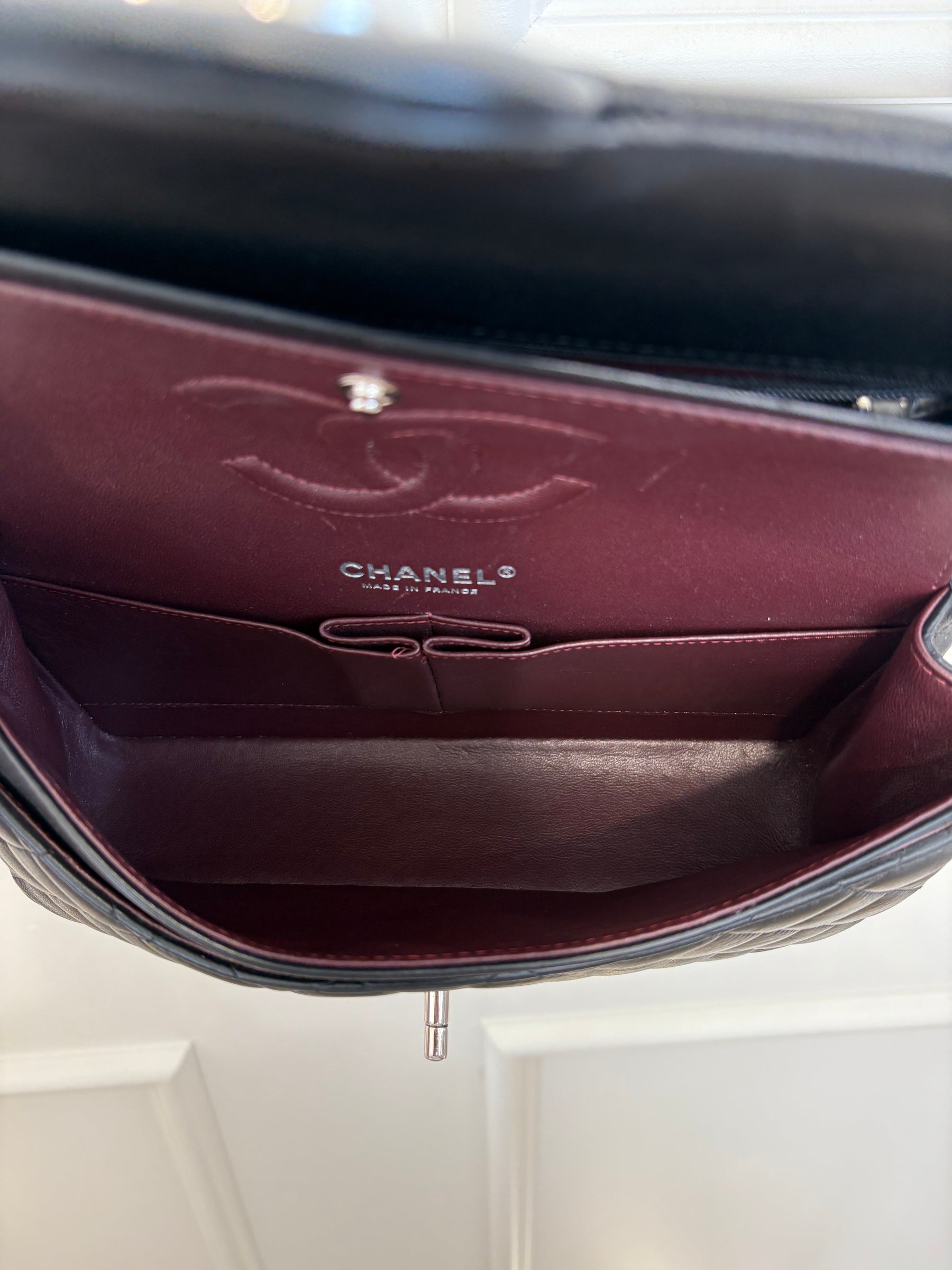 Chanel Black Lambskin Leather Medium Classic Flap with Silver Hardware