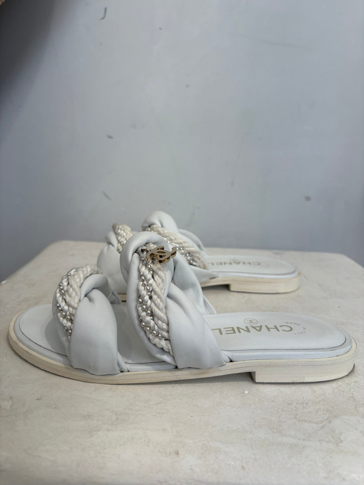 Chanel White Leather and Rope Twist Slides, 36 C