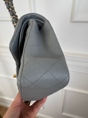 Chanel Small Grey Caviar Leather Flap Bag With Gold Tone Hardware