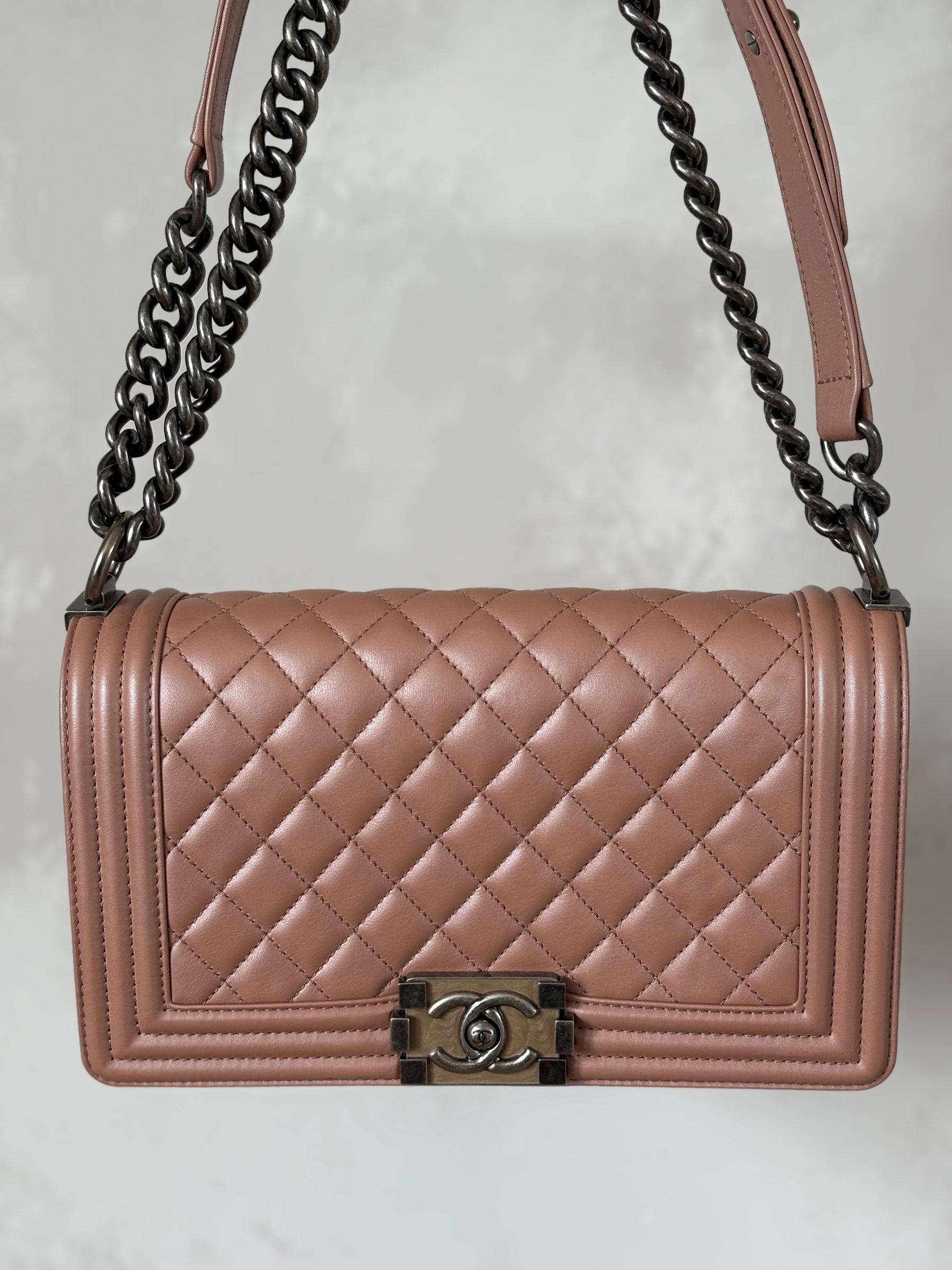 Chanel Rose Lambskin Leather Medium Boy Bag with Ruthenium Hardware