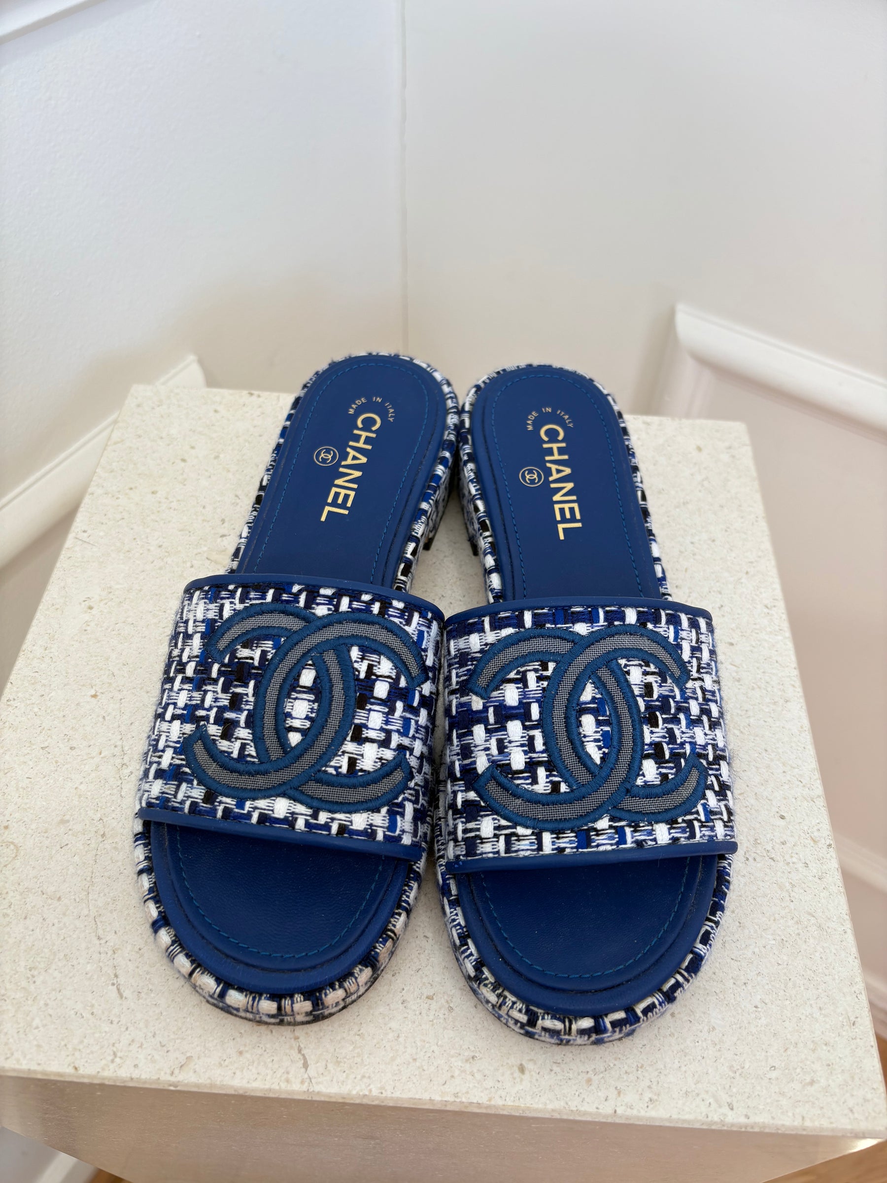 Chanel Blue and White Tweed Heeled Slides, 39.5