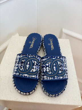 Chanel Blue and White Tweed Heeled Slides, 39.5