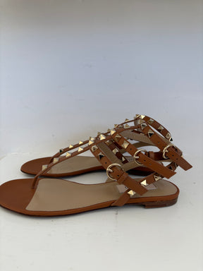 Valentino Garavani Tan Leather Rockstud Caged Sandal, 36.5