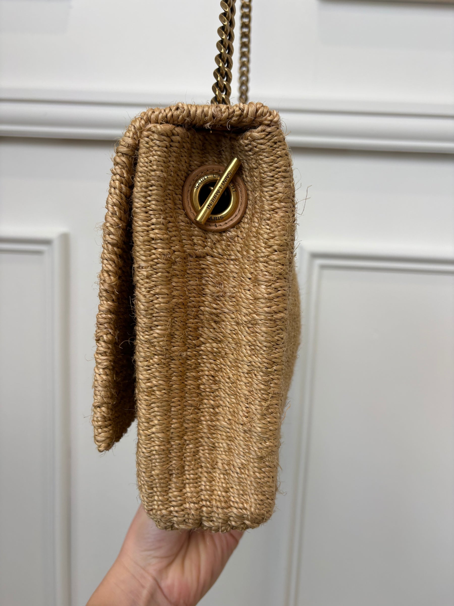 Saint Laurent Raffia Envelope Shoulder Bag Cassandre Logo Chain Strap