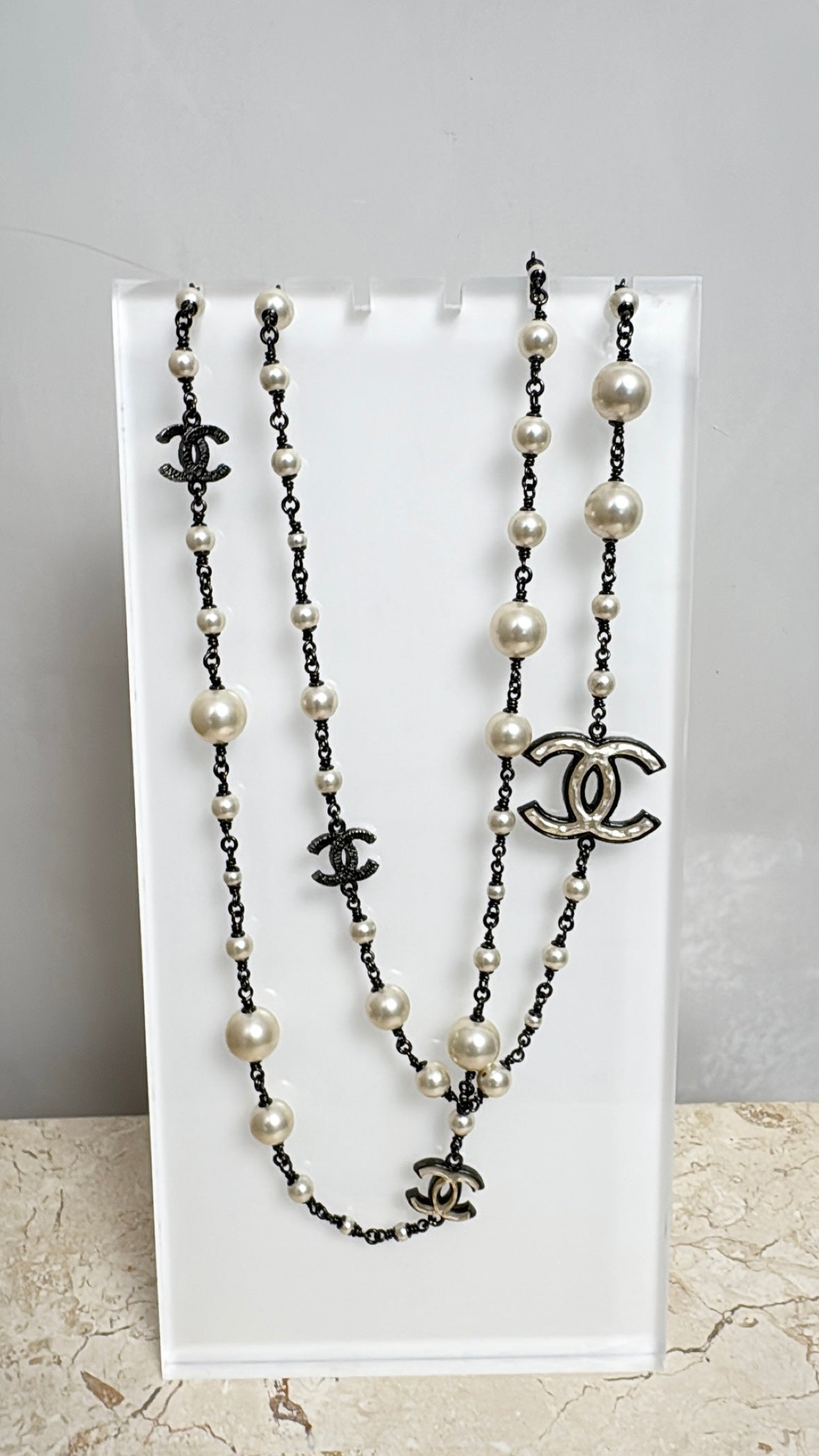 Chanel Pearl and Ruthenium Logo Necklace