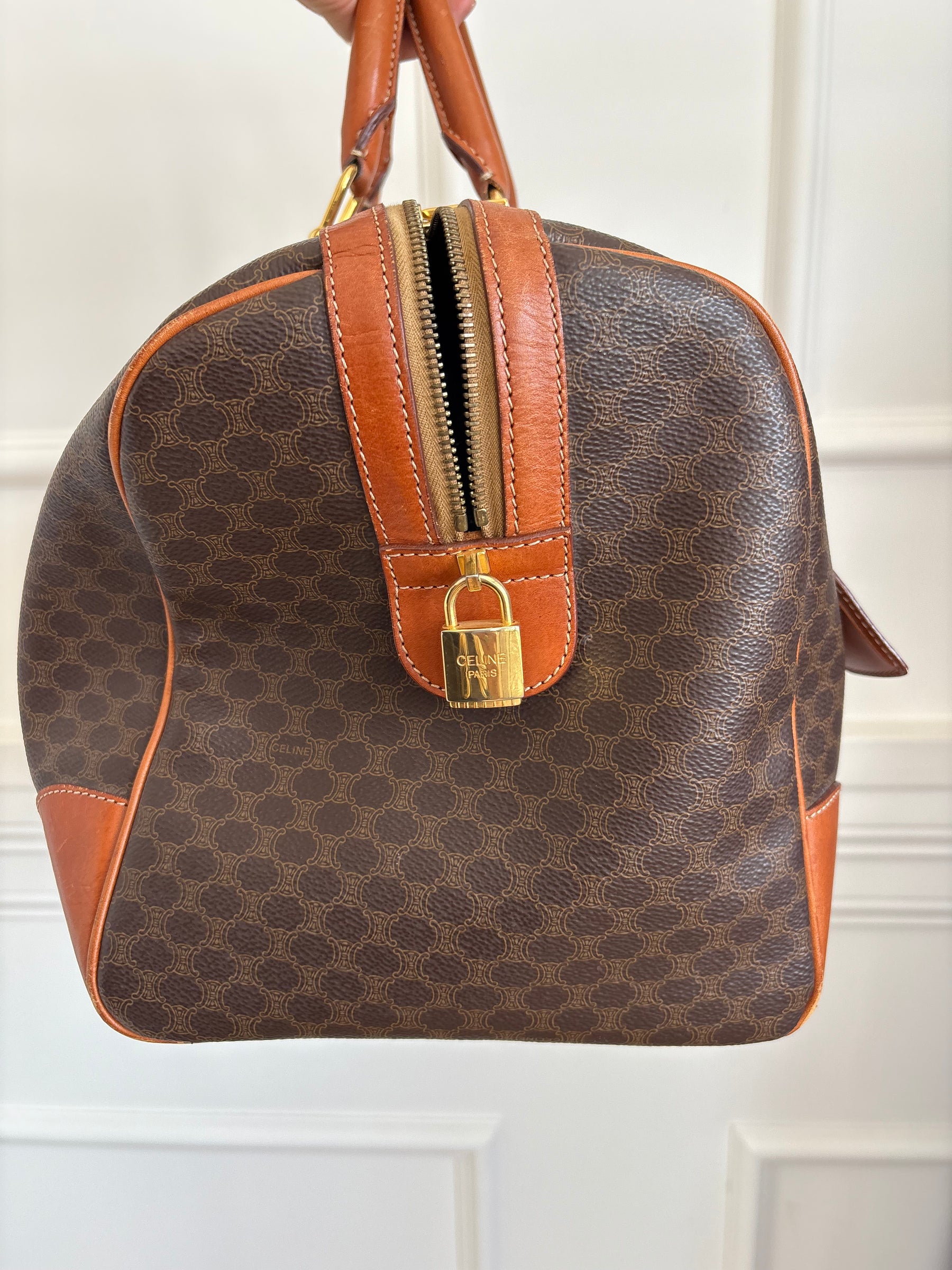 Celine Triomphe Canvas and Tan Leather Trim Duffle Bag