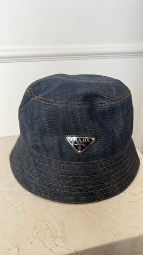 Prada Indigo Denim Logo Bucket Hat, M