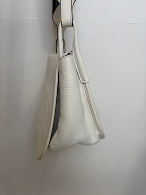 Prada White Grained Leather Crossbody bag with Blue Web Shoulder Strap