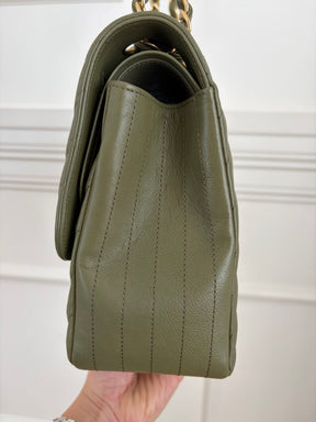 Chanel Khaki Chevron Quilted Leather Jumbo Double Flap