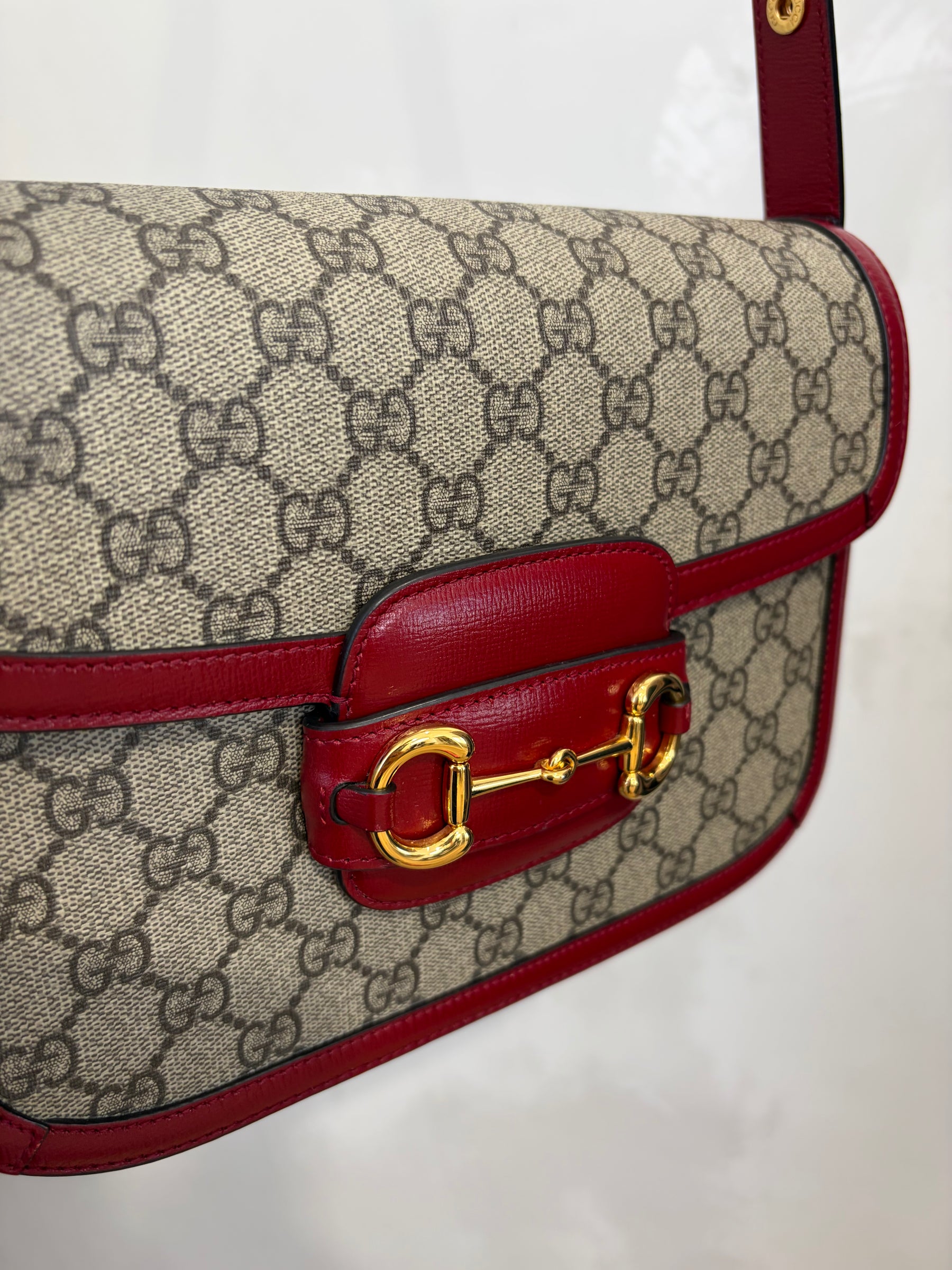 Gucci Coated Canvas Monogram and Red Leather 1955 Horsebit Shoulder Bag