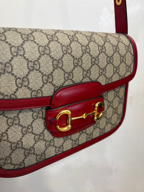 Gucci Coated Canvas Monogram and Red Leather 1955 Horsebit Shoulder Bag