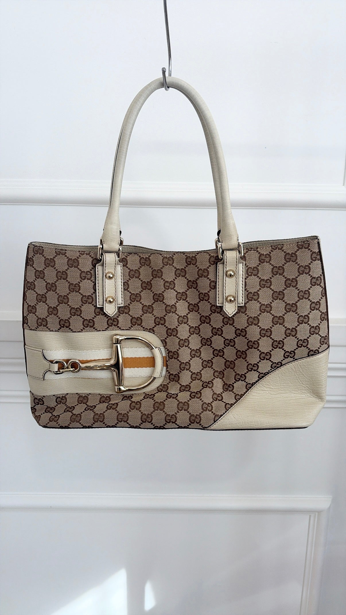 Gucci Canvas Monogram and Cream Leather Horsebit Hasler Tote