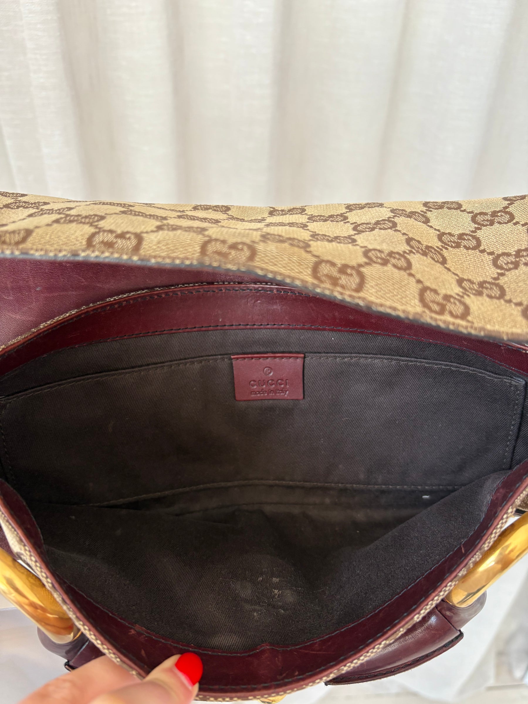 Gucci Burgundy Leather and Canvas Monogram Horsebit Clutch