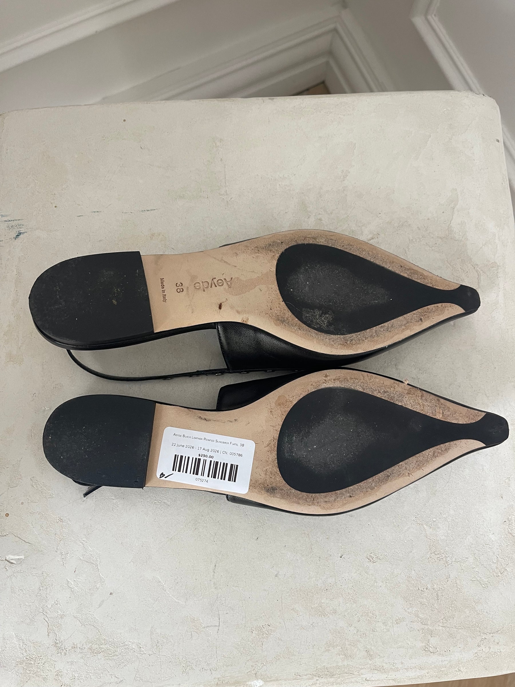 Aeyde Black Leather Pointed Slingback Flats, 38