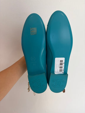 Chanel Teal Leather Gold Ankle Bracelet Strap Mary Janes, 40 C