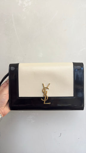Saint Laurent Black Patent and White Leather Logo Wristlet Clutch