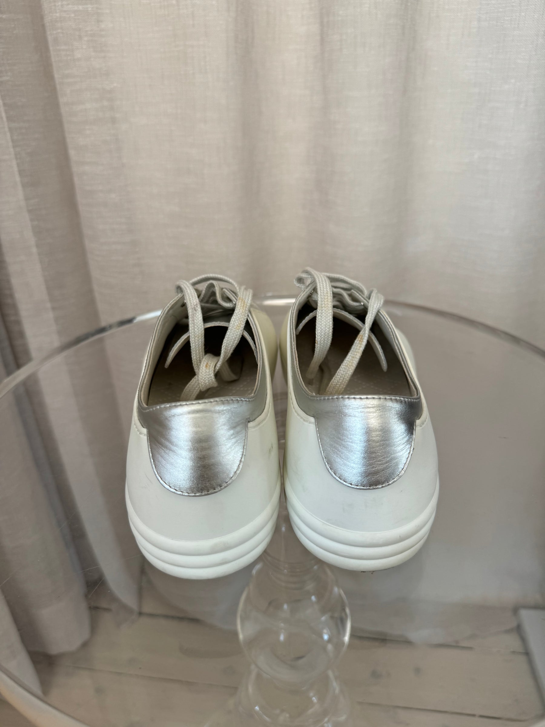 Chanel White Rubber and Silver Leather Sneakers, 40