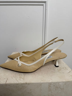 Jimmy Choo Raffia and White Leather Pointed Slingbacks, 41