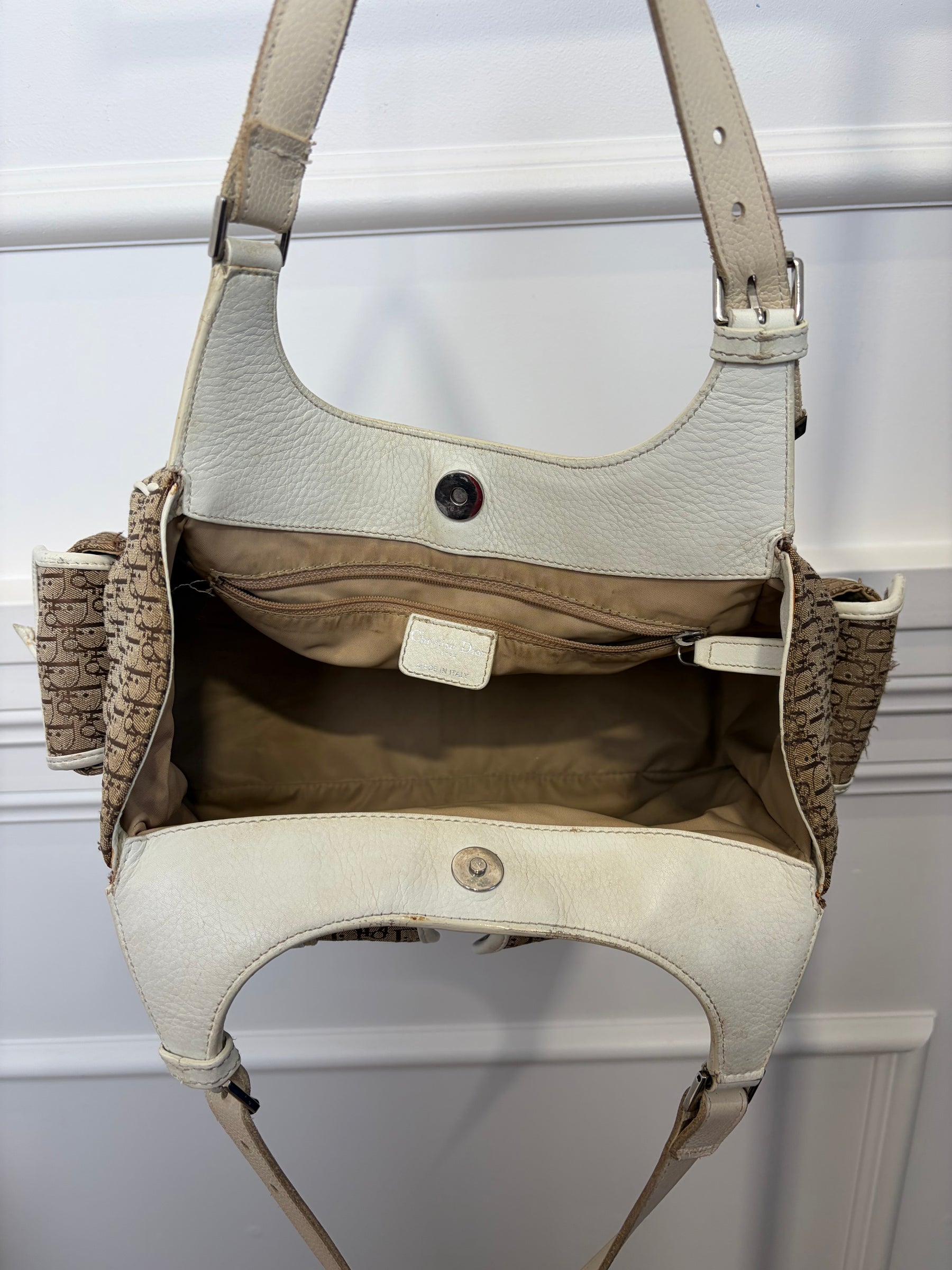 Dior Brown Diorissimo Canvas and White Leather Street Chic Pocket Hobo