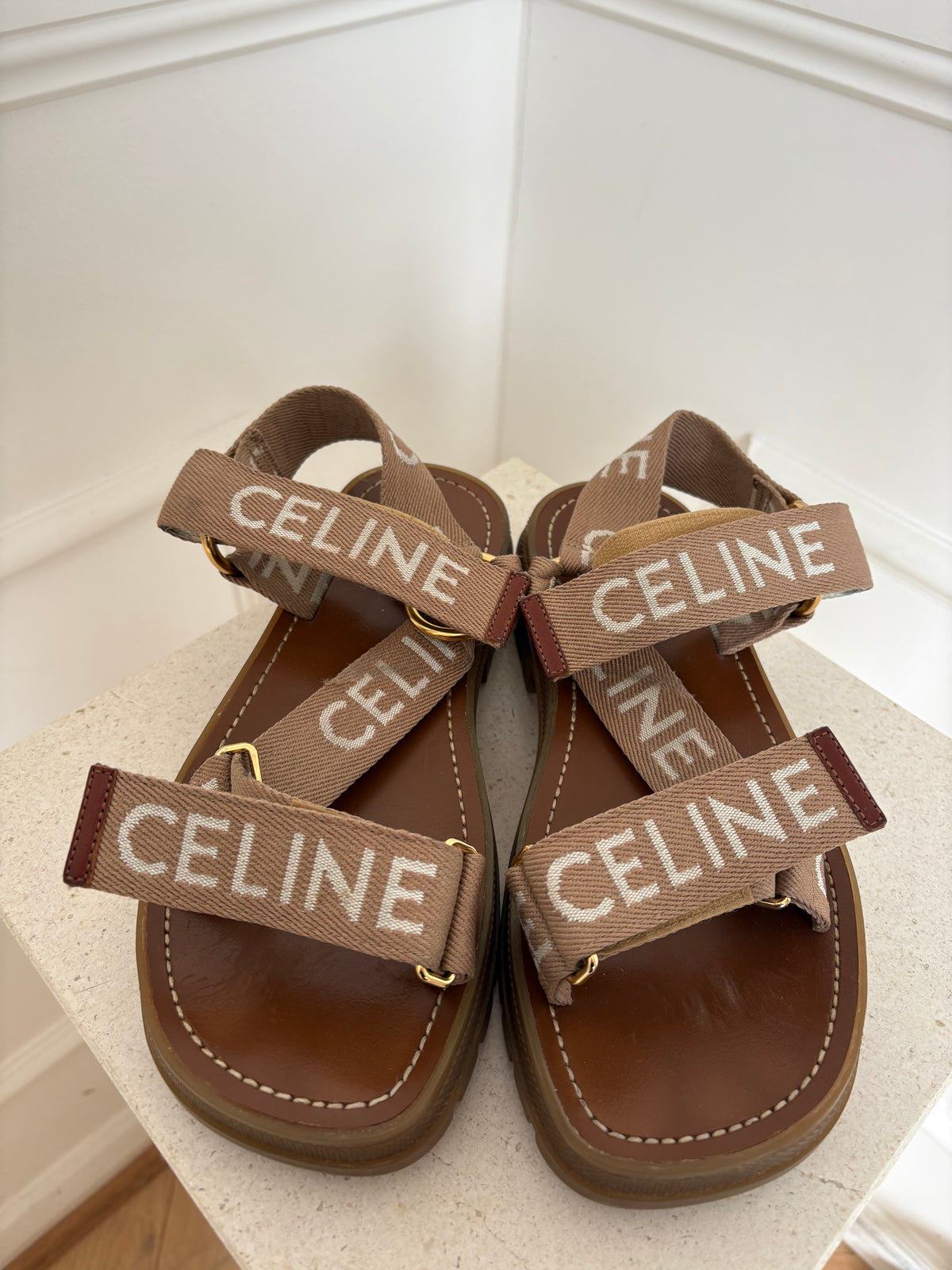 Celine Leo Strappy Sandal With Celine Jacquared Light Beige White, 38