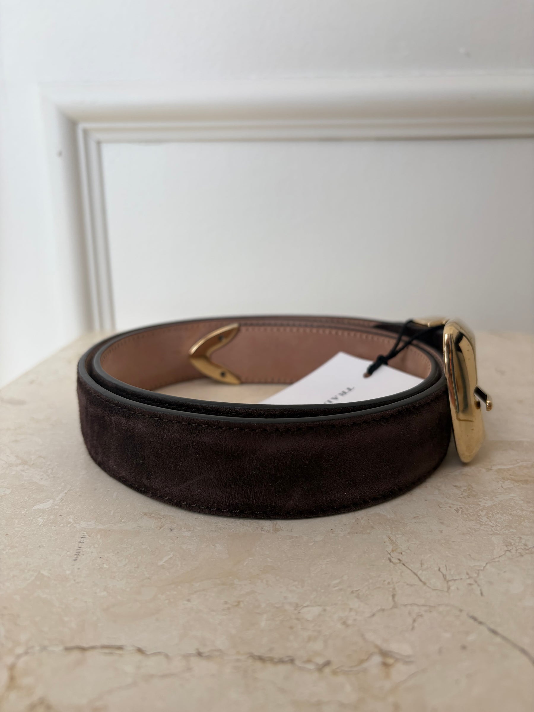 Khaite Brown Suede Belt with Gold Hardware, 80