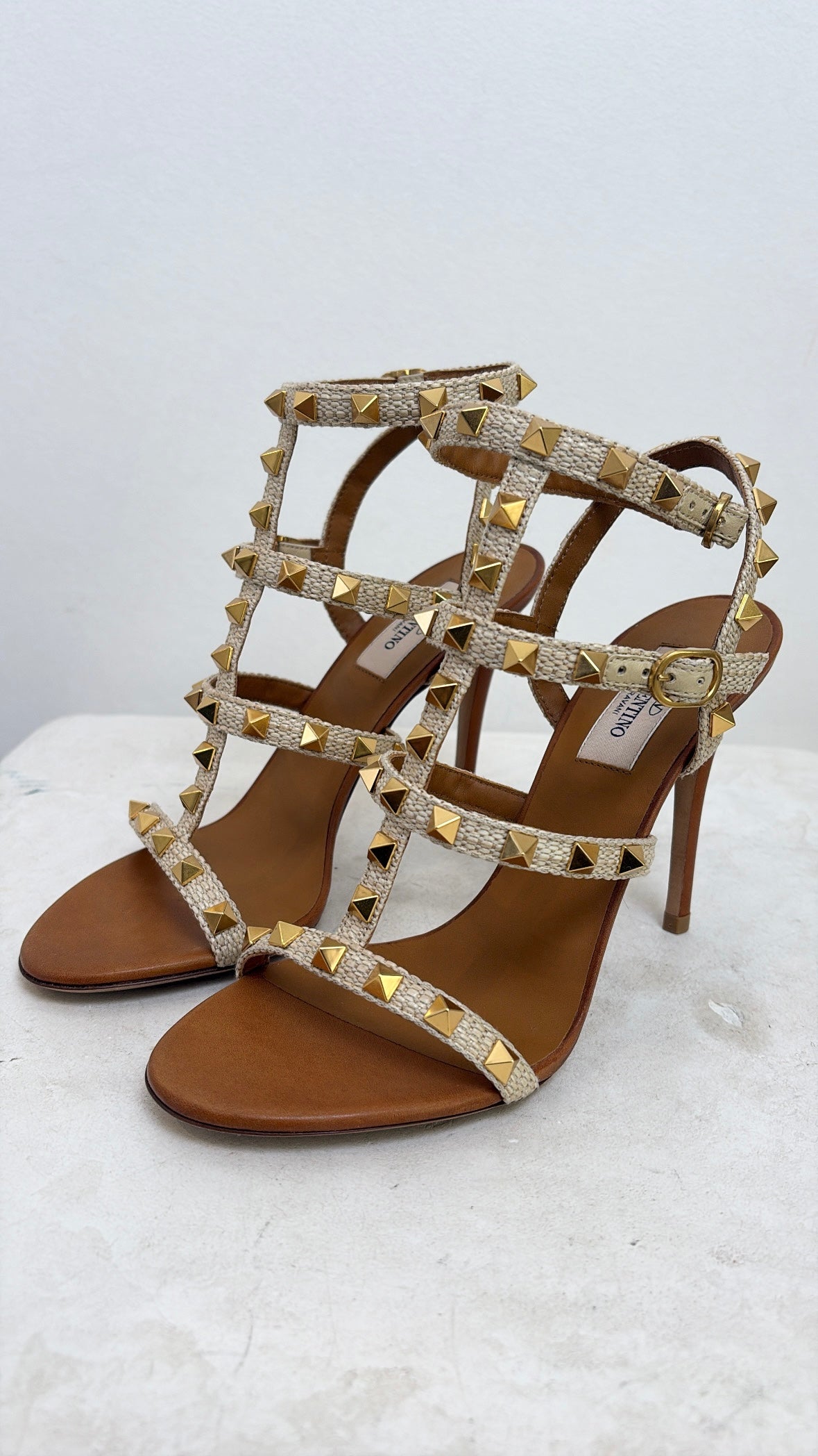 Valentino Garavani Natural Raffia Rockstud Caged Stilletos, 36.5