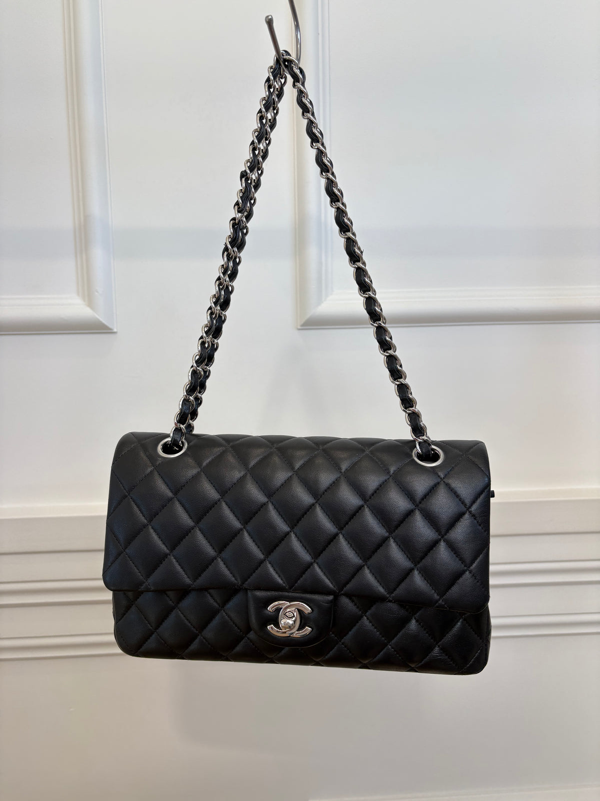 Chanel Black Lambskin Leather Medium Classic Flap with Silver Hardware