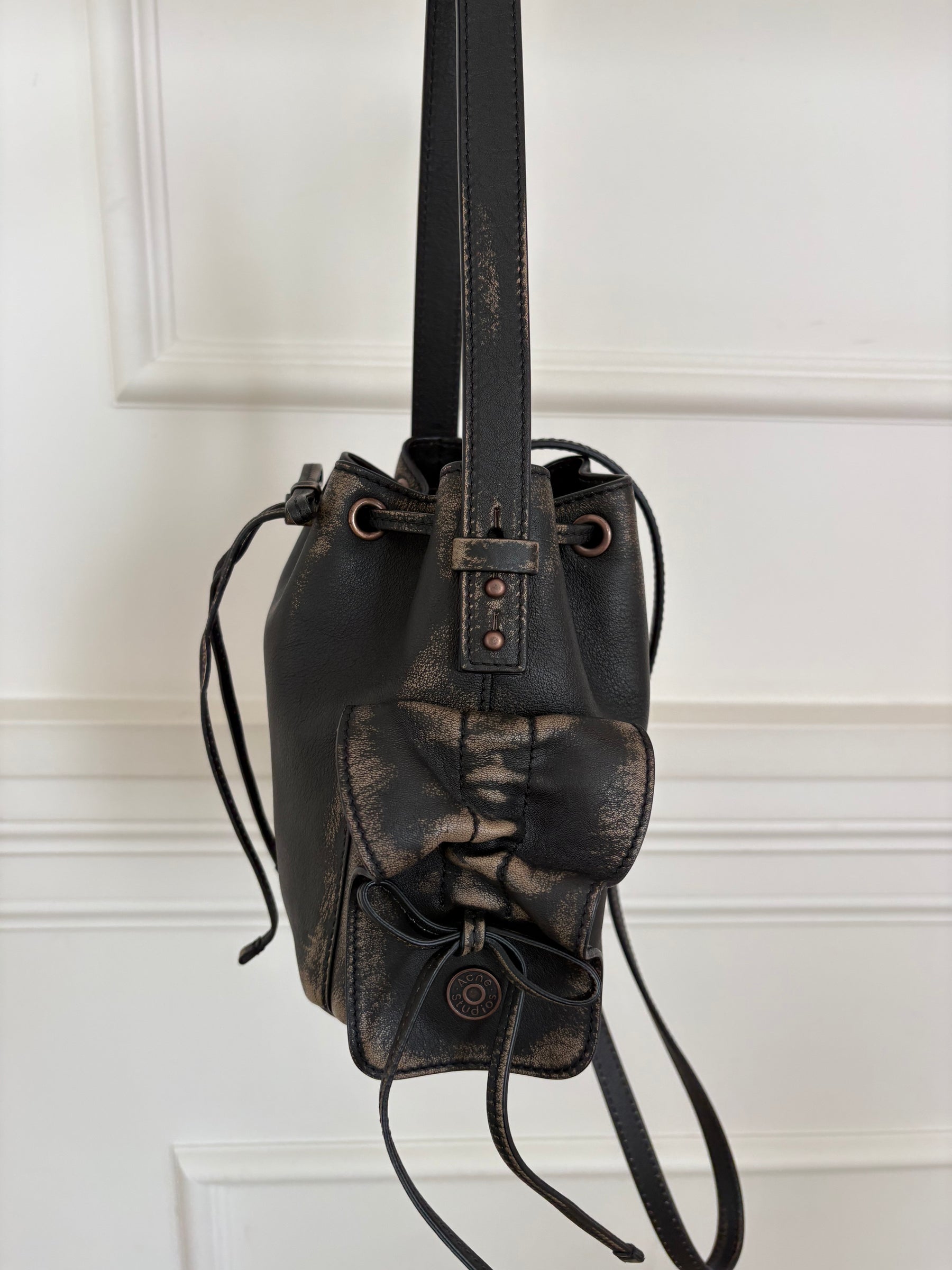 Acne Studios Brown Distressed Leather Multi Pocket Mini Bucket Bag