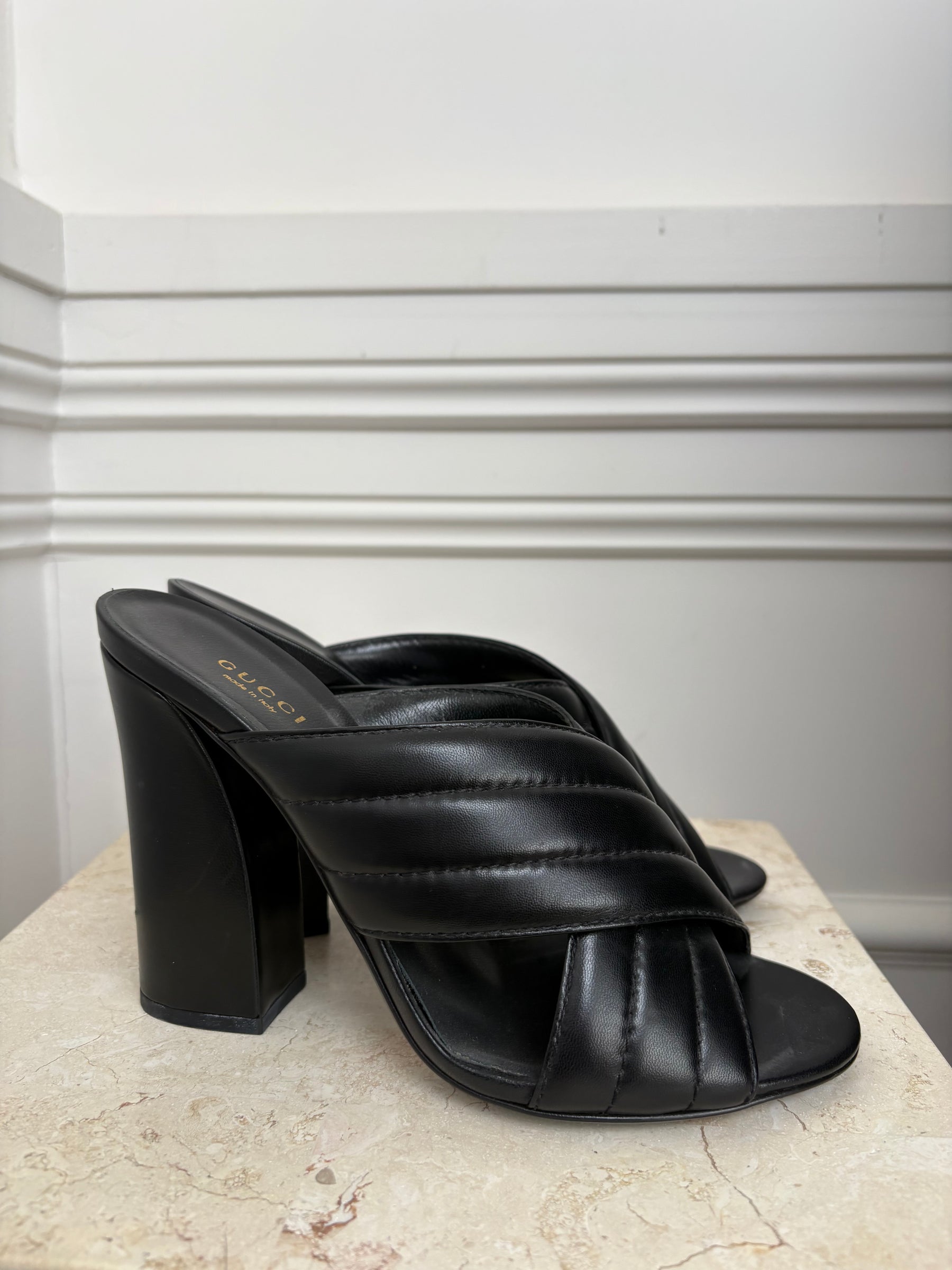 Gucci Black Leather Quilted Crossover Heeled Mules, 40.5