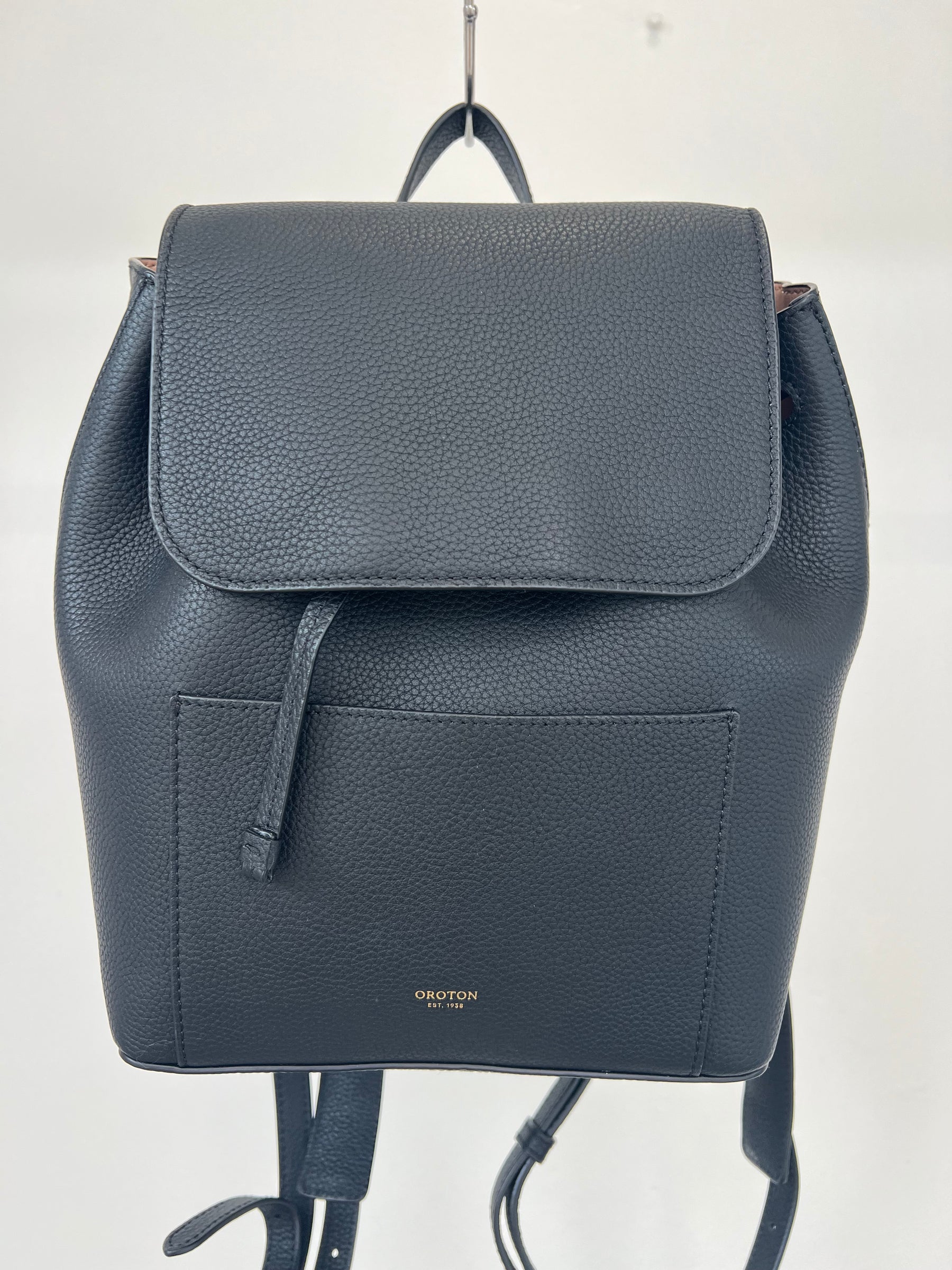 Oroton Duo Mini Black Grained Leather Backpack