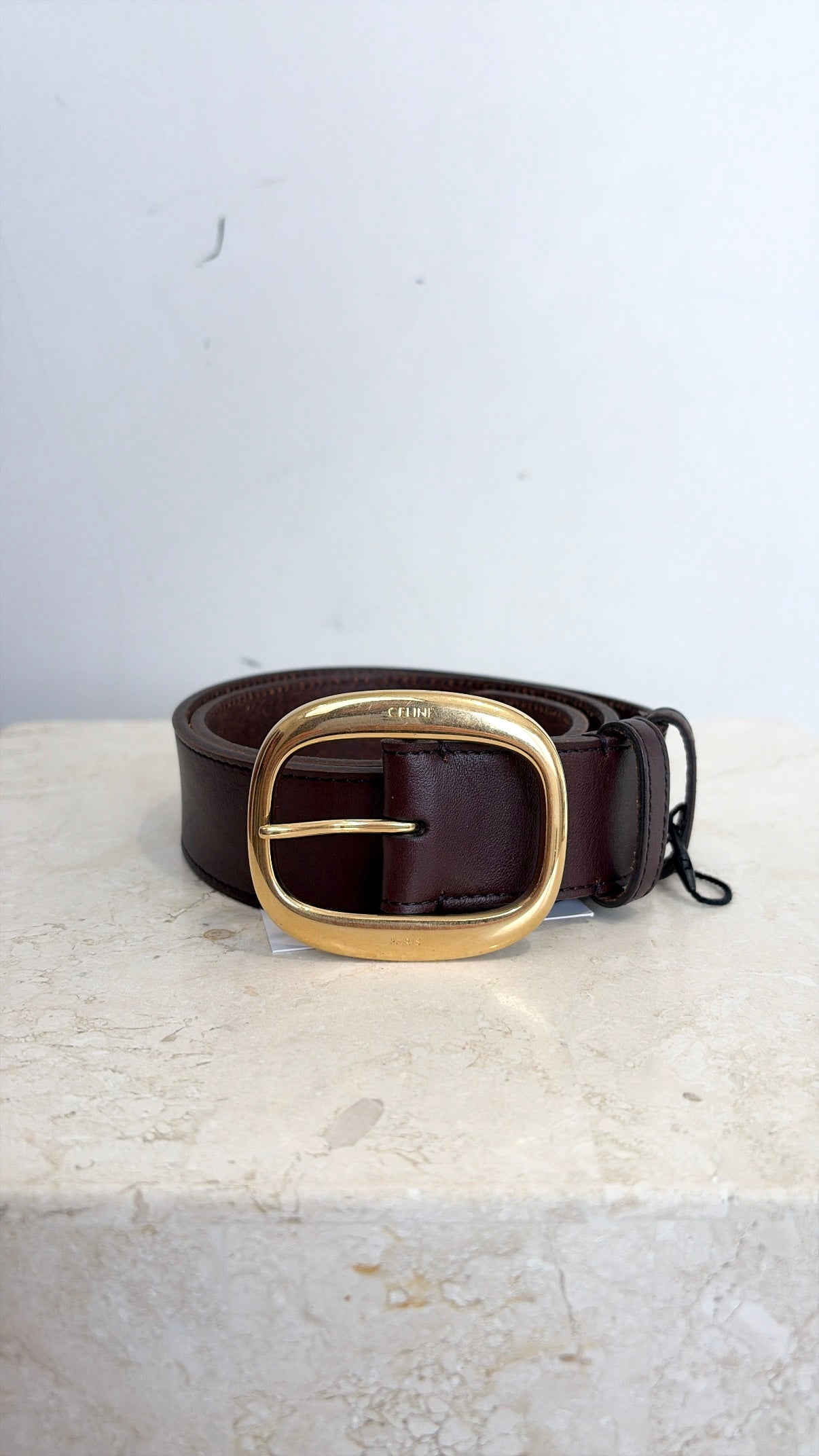 Celine Choclate Brown Leather Gold Buckle Belt, 75