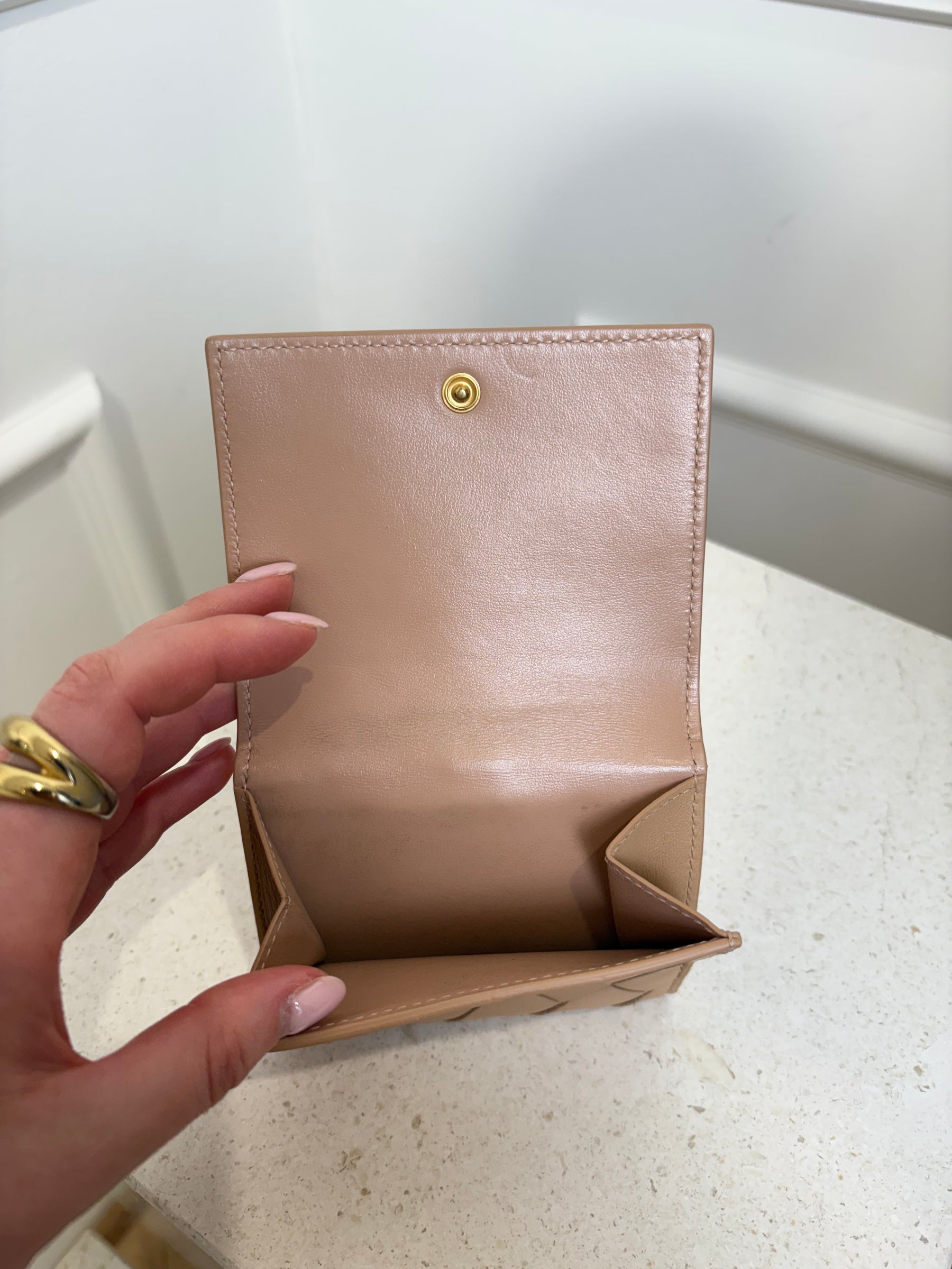 Bottega Veneta Beige Intrecciato Leather Trifold Wallet