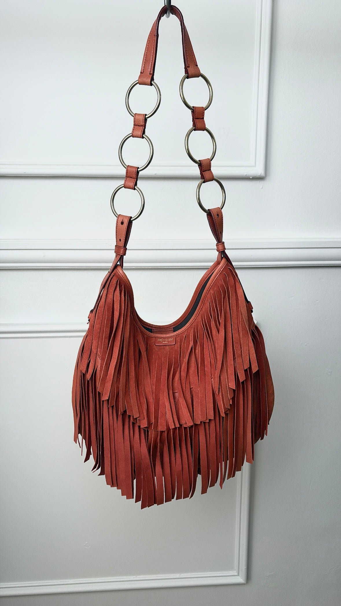 Saint Laurent Orange Suede Fringes Shoulder Bag
