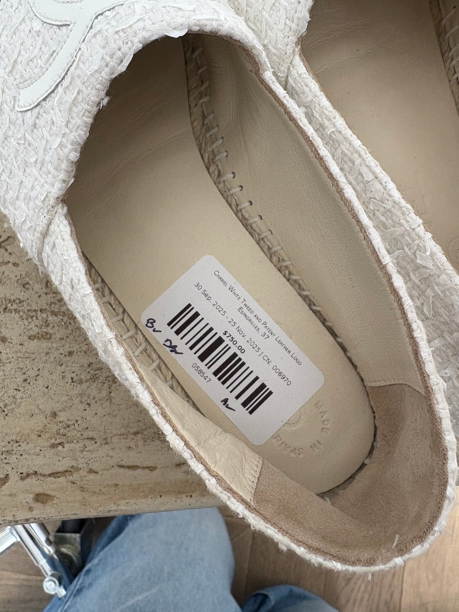 Chanel White Tweed and Patent Leather Logo Espadrilles, 37