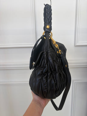 Miu Miu Black Leather Matelasse Coffer Hobo Bag