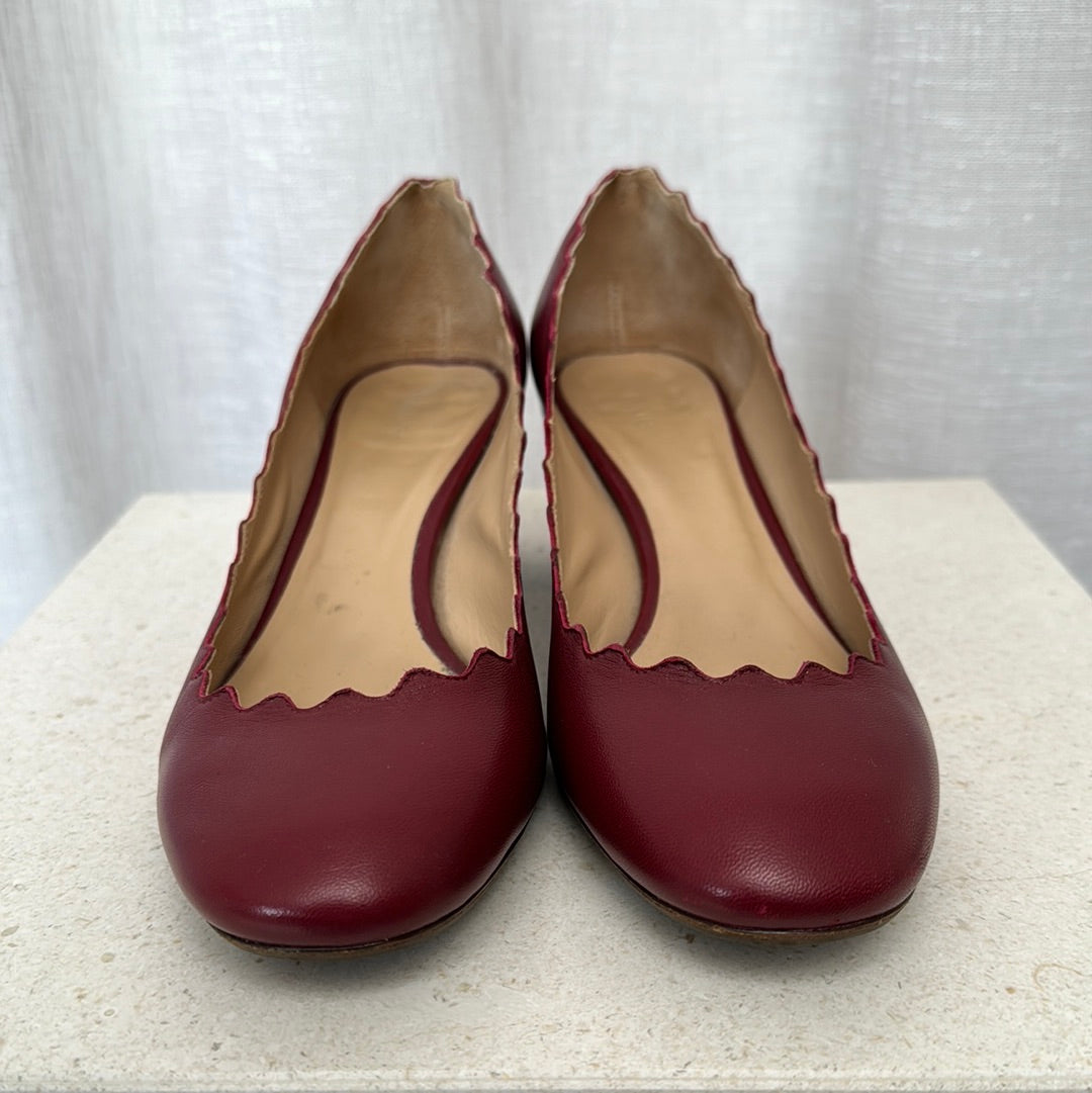 Chloe Burgundy Leather Scalloped Detail Block Heel, 36.5