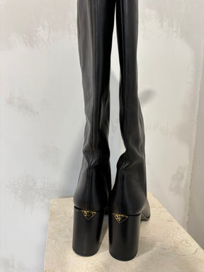 Prada Knee High Block Heal Boots Black Leather, 41