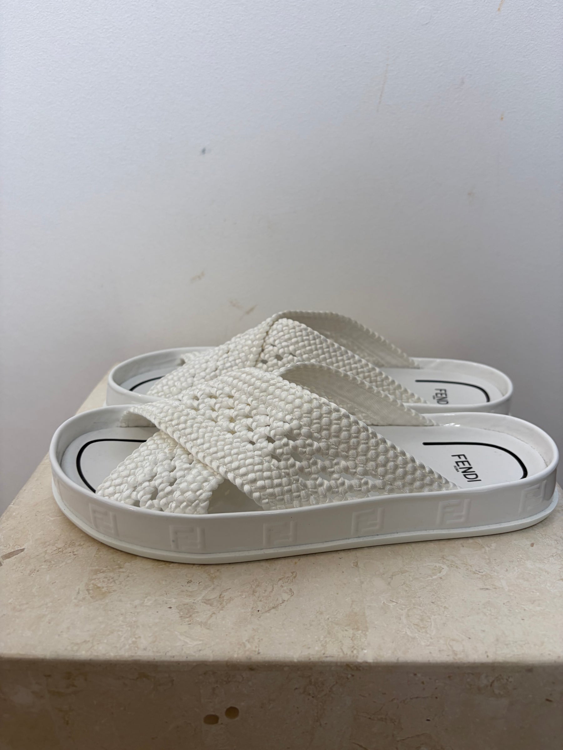 Fendi White Crochet Cross Over Flat Sandals, 37.5