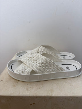 Fendi White Crochet Cross Over Flat Sandals, 37.5