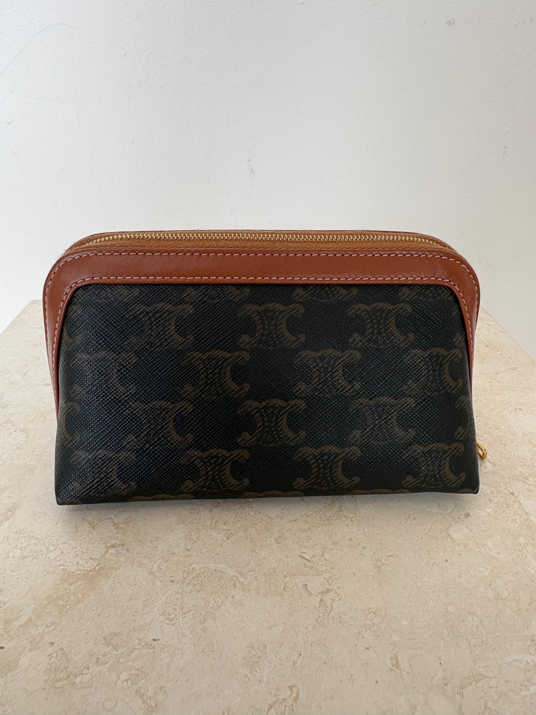 Celine Cosmetic Pouch In Triomphe Canvas And Calfskin