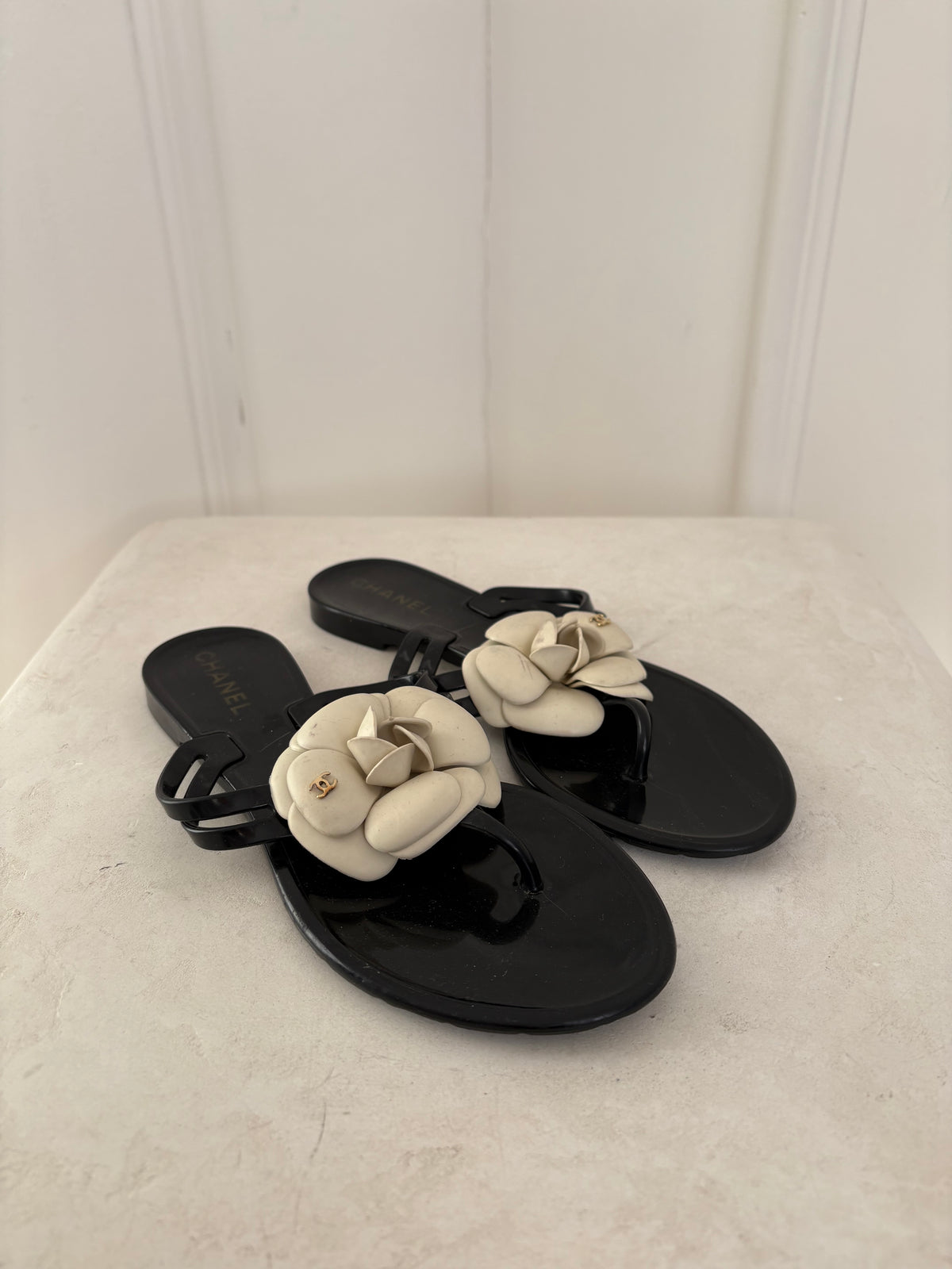 Chanel Black Rubber White Camellia Thongs, 37