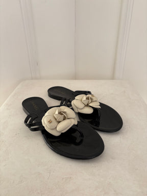 Chanel Black Rubber White Camellia Thongs, 37