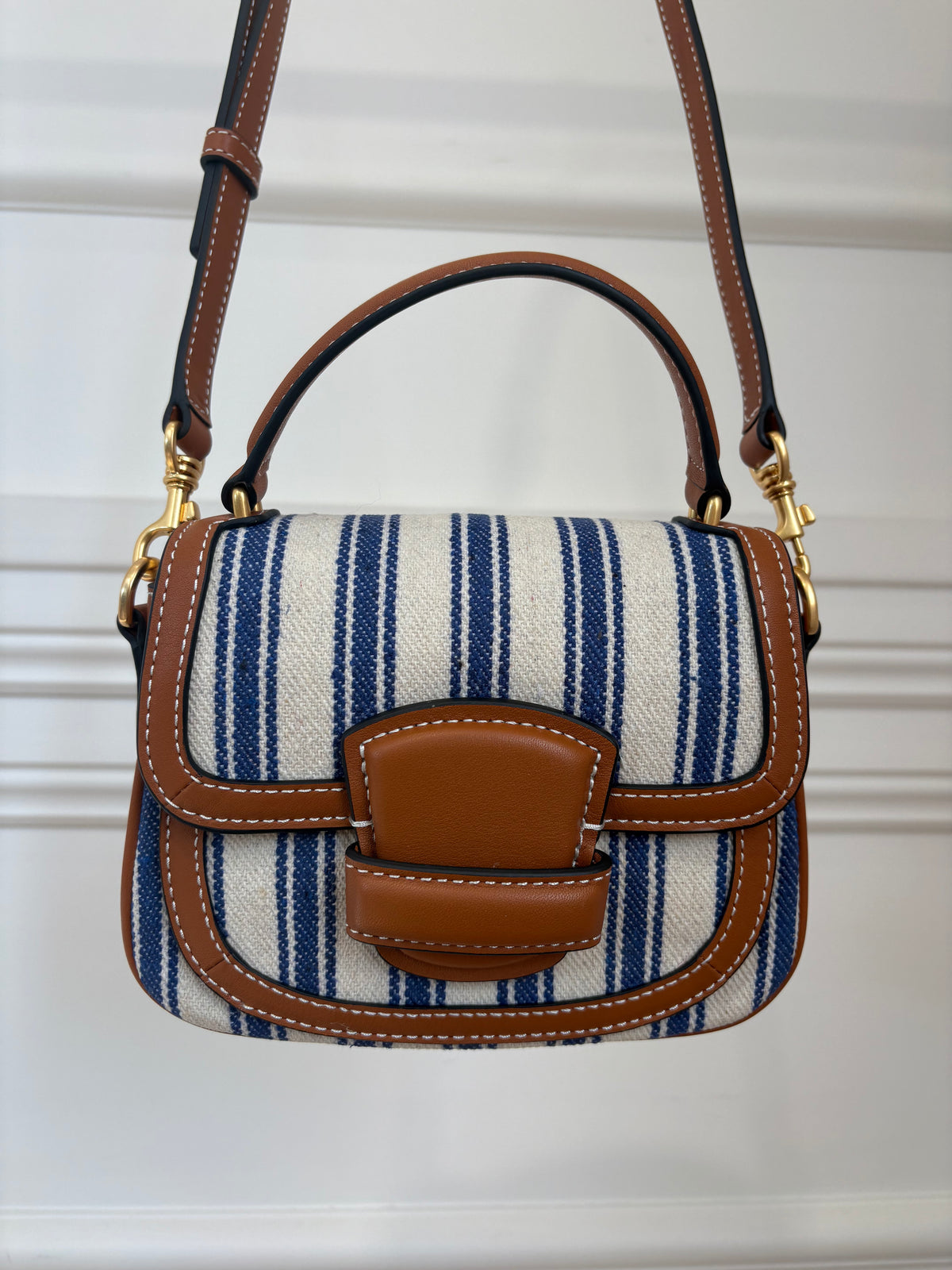 Oroton Blue and White Canvas with Tan leather Top Handle Bag
