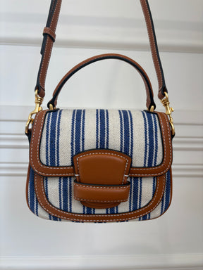 Oroton Blue and White Canvas with Tan leather Top Handle Bag